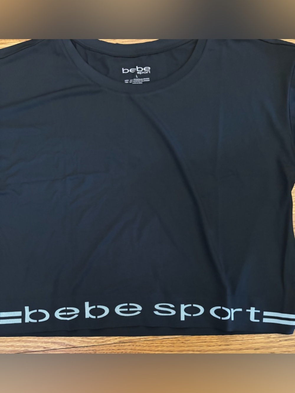 bebe sport Athletic Tee Women’s Large Black /White Cropped Shirt Logo Casual New - Picture 4 of 6